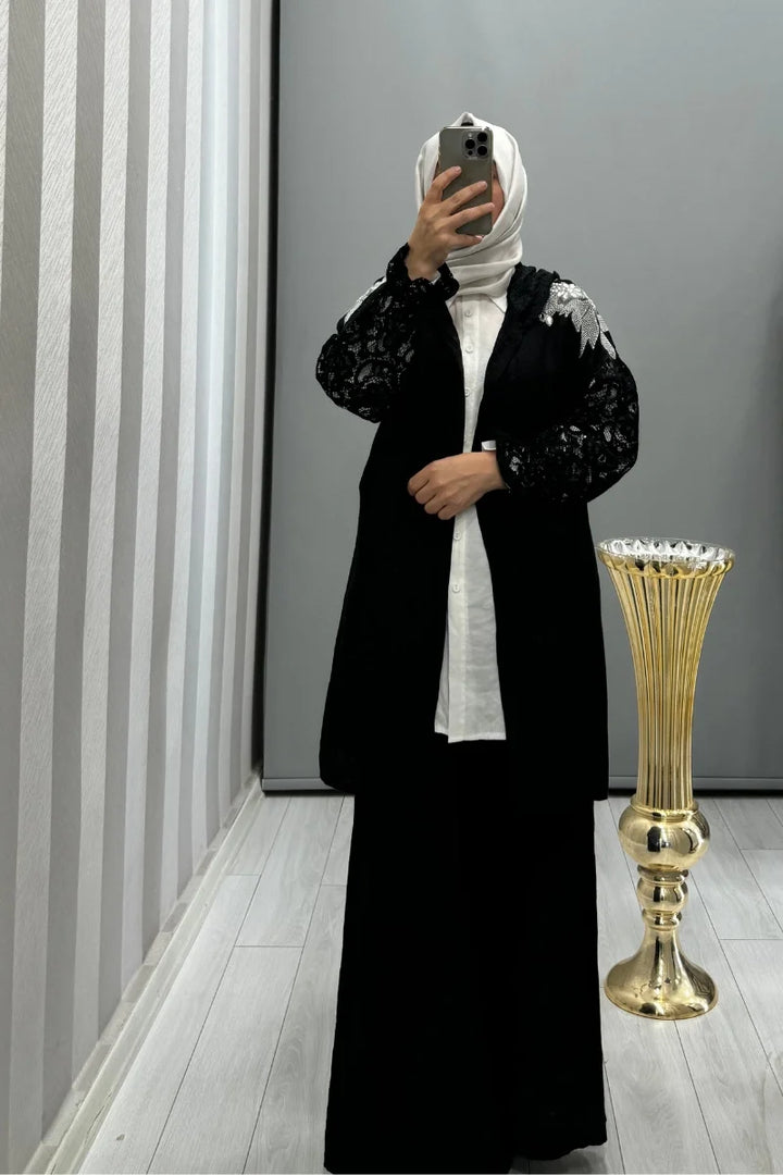 Dressing Room İthal Dantel ve Taş Detaylı Kapüşonlu Ceket Siyah Y 71882 - Siyah - Görsel 1 