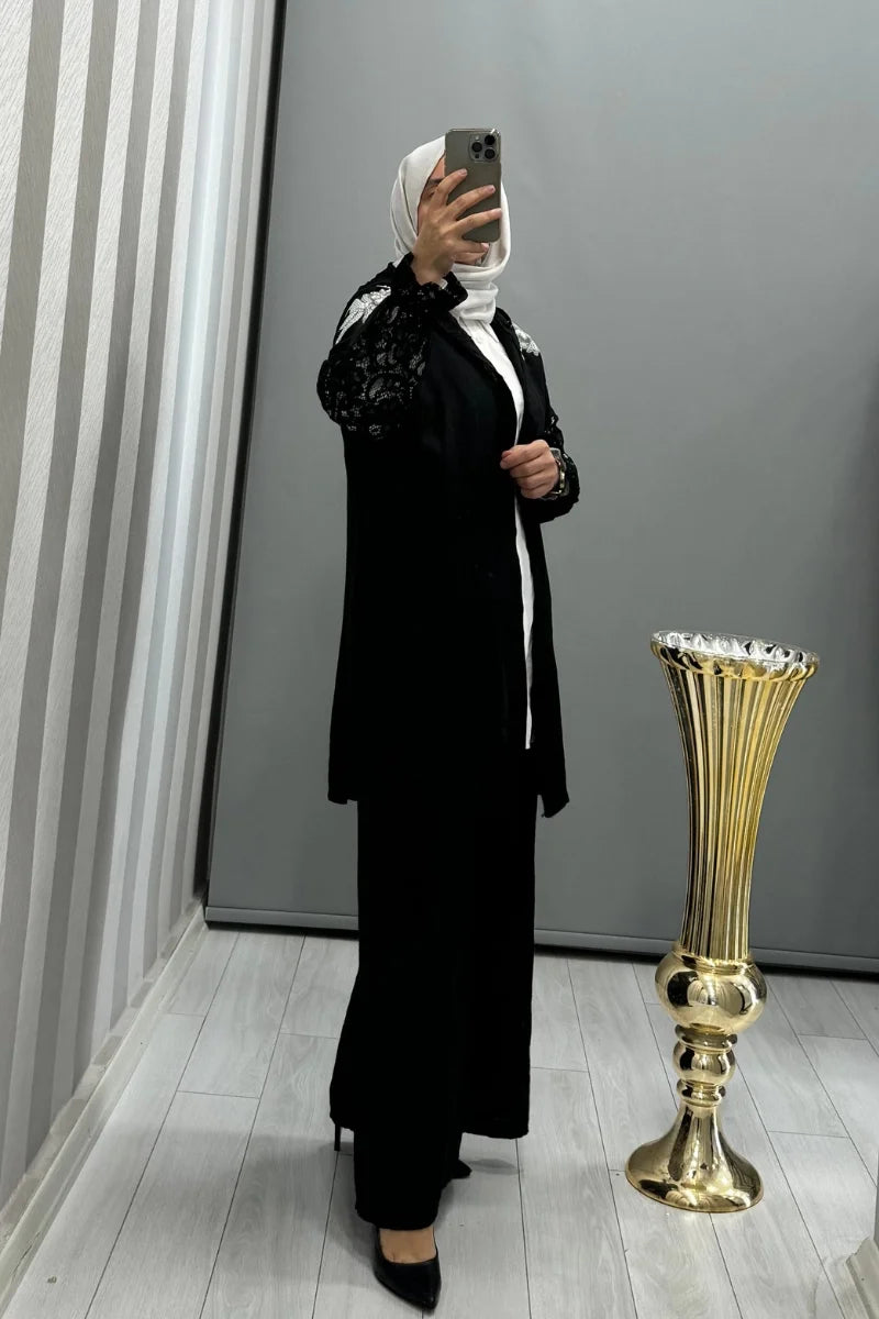 Dressing Room İthal Dantel ve Taş Detaylı Kapüşonlu Ceket Siyah Y 71882 - Siyah - Görsel 2 #renk_siyah