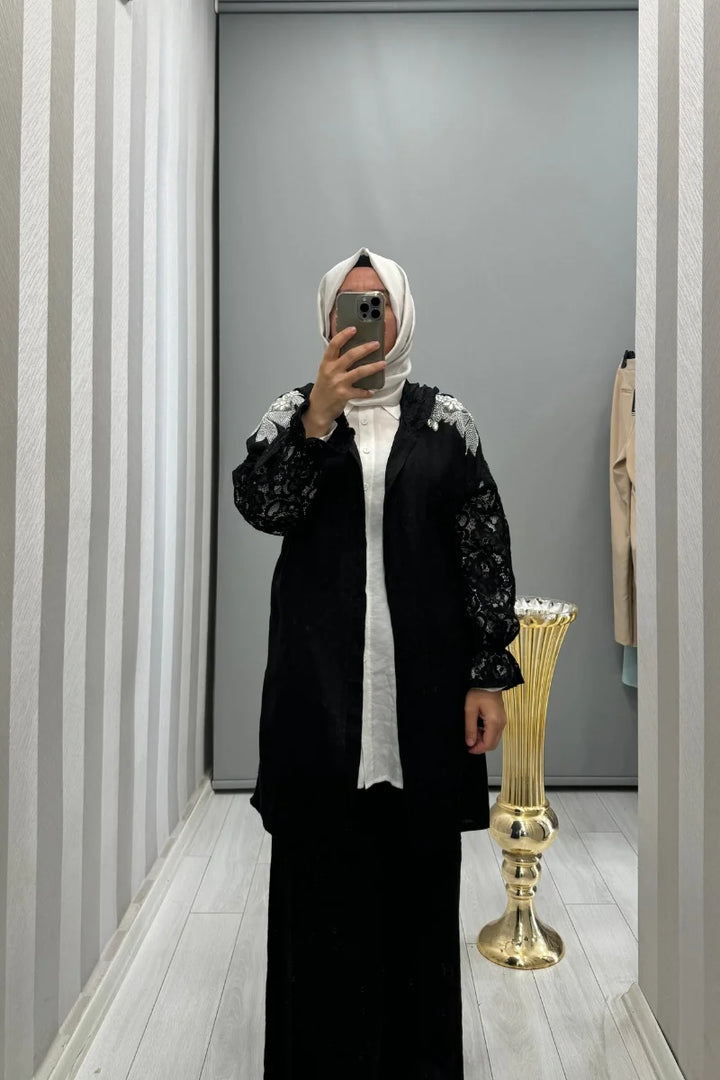 Dressing Room İthal Dantel ve Taş Detaylı Kapüşonlu Ceket Siyah Y 71882 - Siyah - Görsel 3 