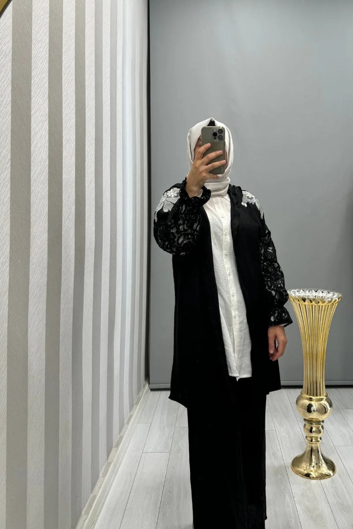 Dressing Room İthal Dantel ve Taş Detaylı Kapüşonlu Ceket Siyah Y 71882 - Siyah - Görsel 4 