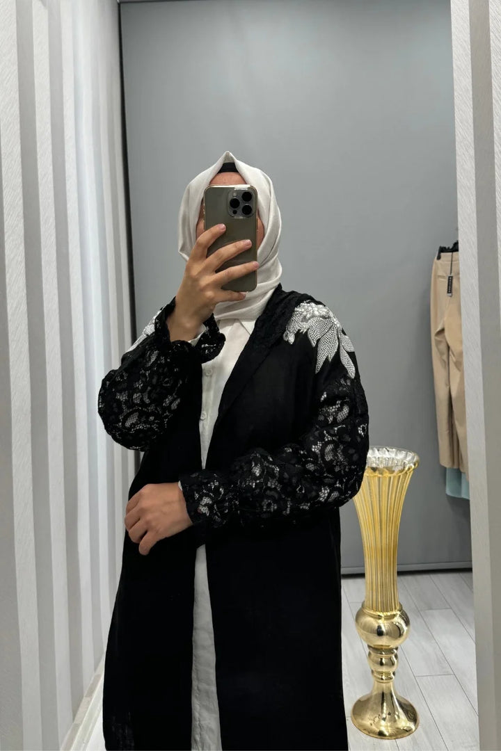 Dressing Room İthal Dantel ve Taş Detaylı Kapüşonlu Ceket Siyah Y 71882 - Siyah - Görsel 5 