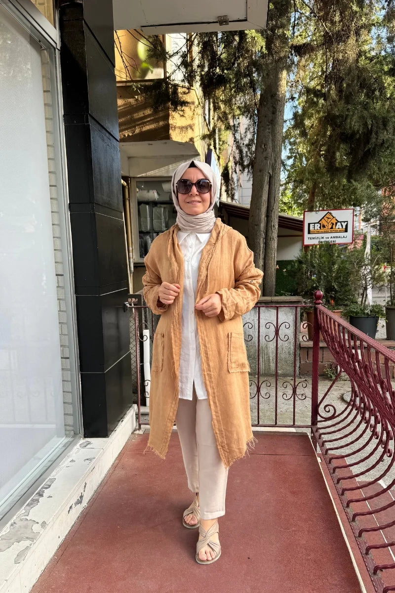 Dressing Room İthal Kapüşonlu Keten Ceket Camel Y 1917