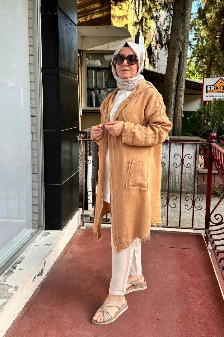 Dressing Room İthal Kapüşonlu Keten Ceket Camel Y 1917