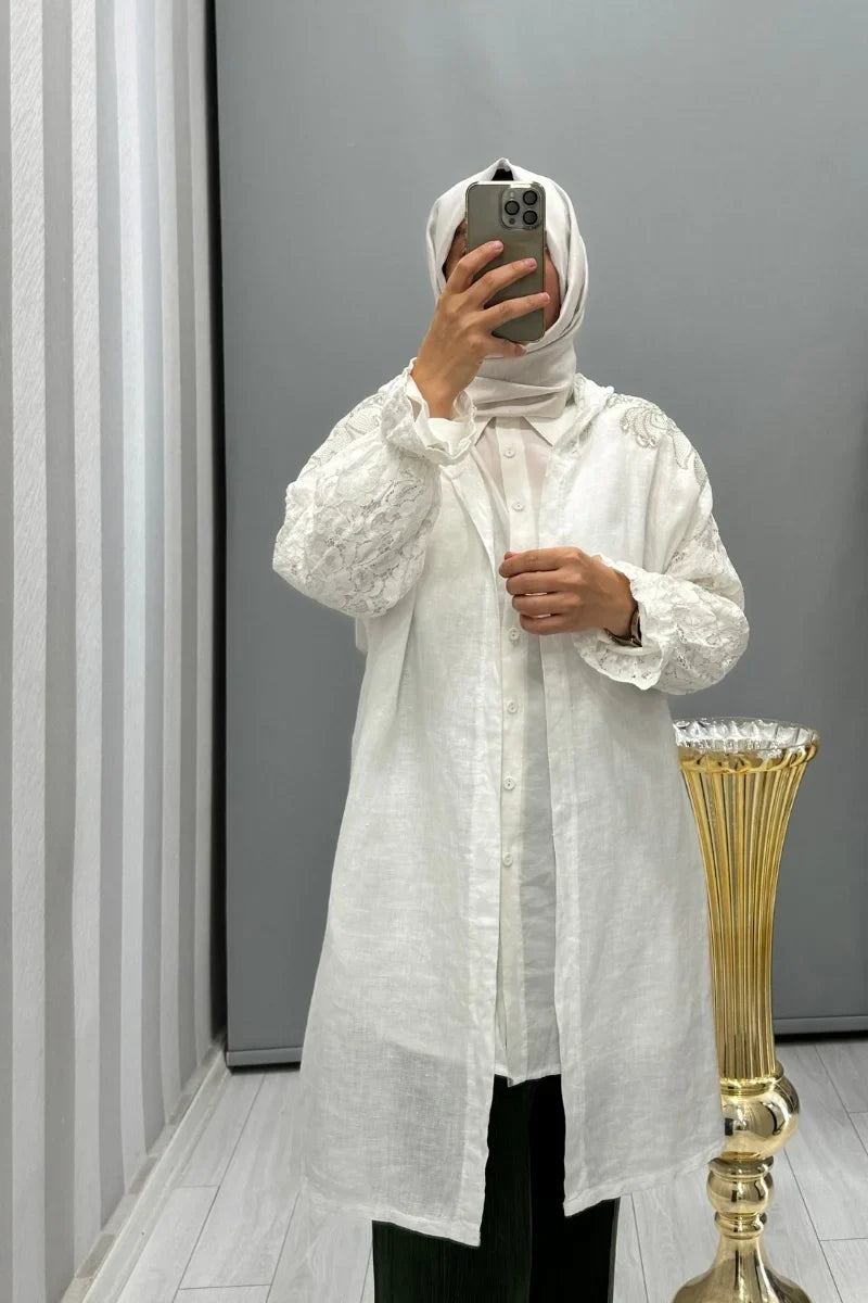 Dressing Room İthal Dantel ve Taş Detaylı Kapüşonlu Ceket Siyah Y 71882 - Beyaz - Görsel 1 