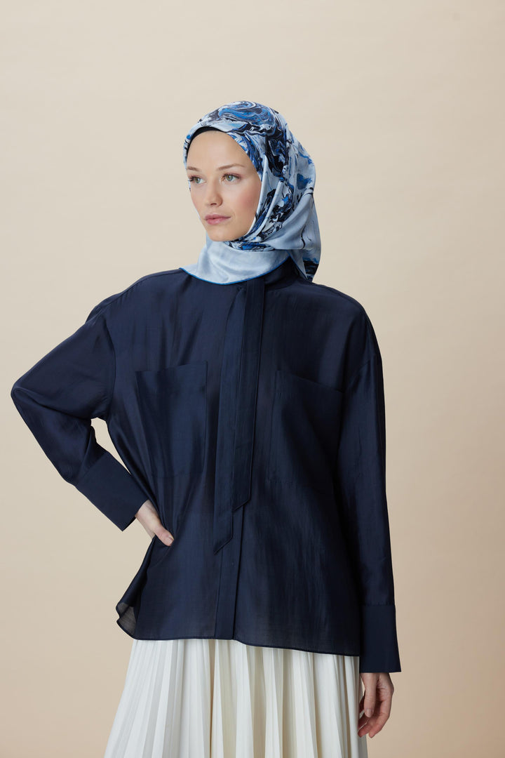DÜŞ TİVİL İPEK EŞARP 90*90 CM - MAVİ - Görsel 2