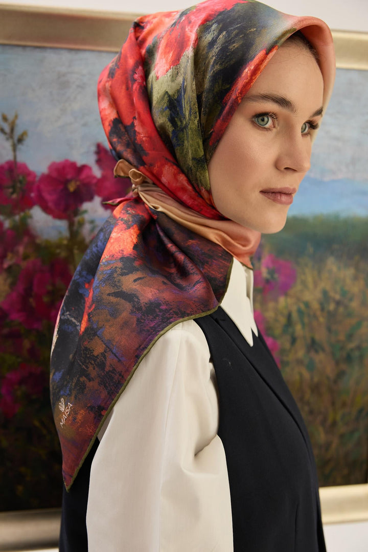 Maisa FAM TİVİL İPEK EŞARP 90*90 CM - KAHVERENGİ