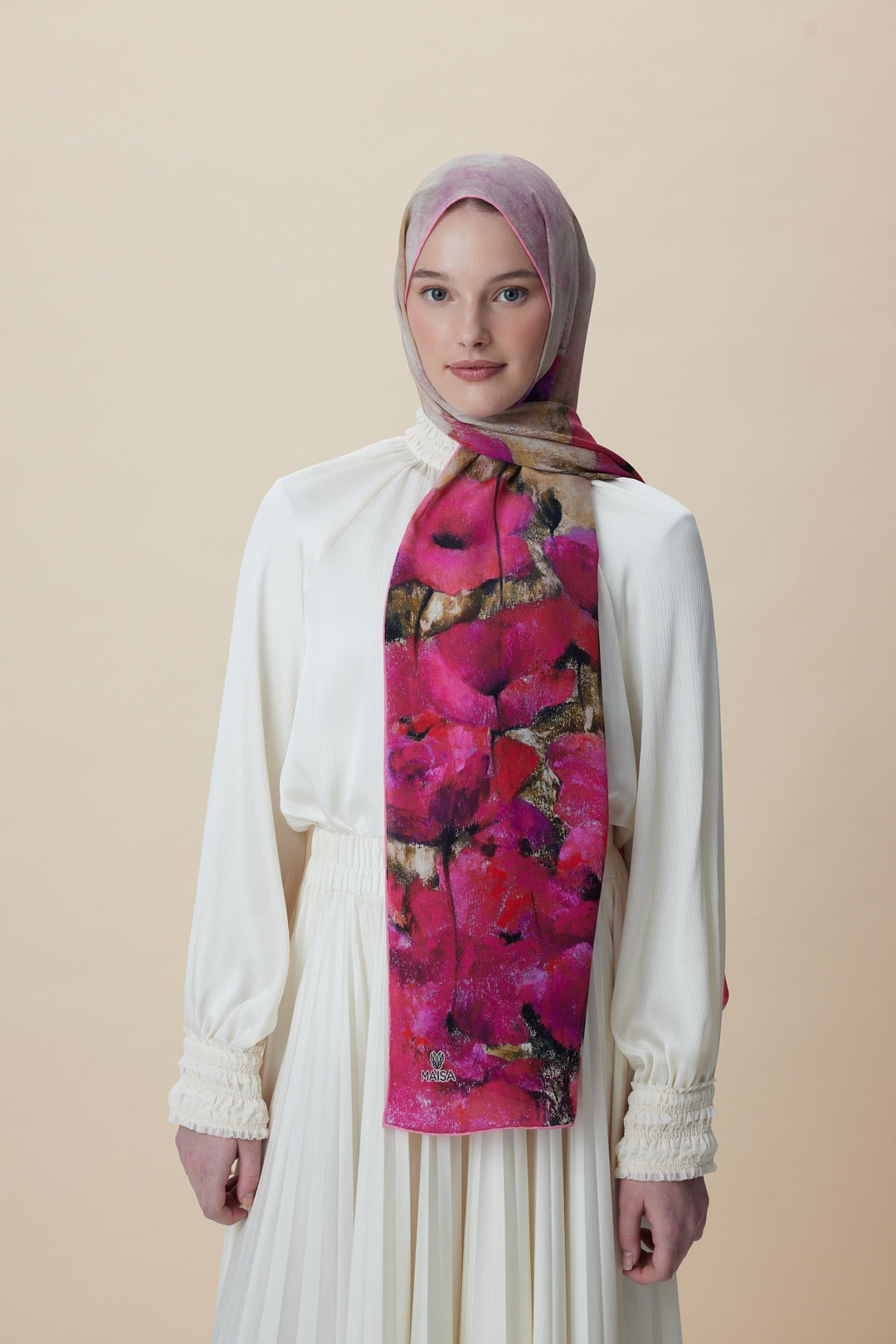 Maisa GELİNCİK KREP İPEK ŞAL 70*190 CM - FUŞYA