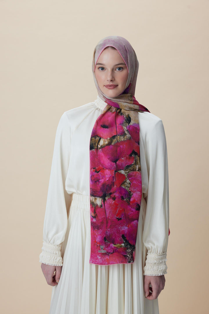Maisa GELİNCİK KREP İPEK ŞAL 70*190 CM - FUŞYA
