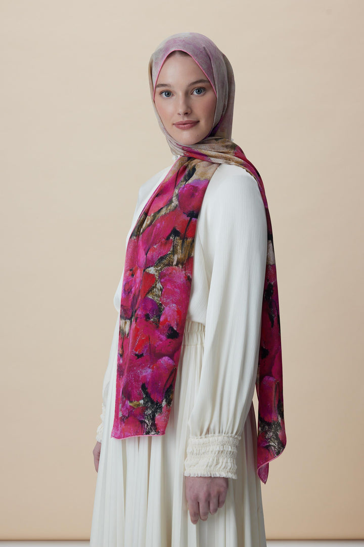 Maisa GELİNCİK KREP İPEK ŞAL 70*190 CM - FUŞYA