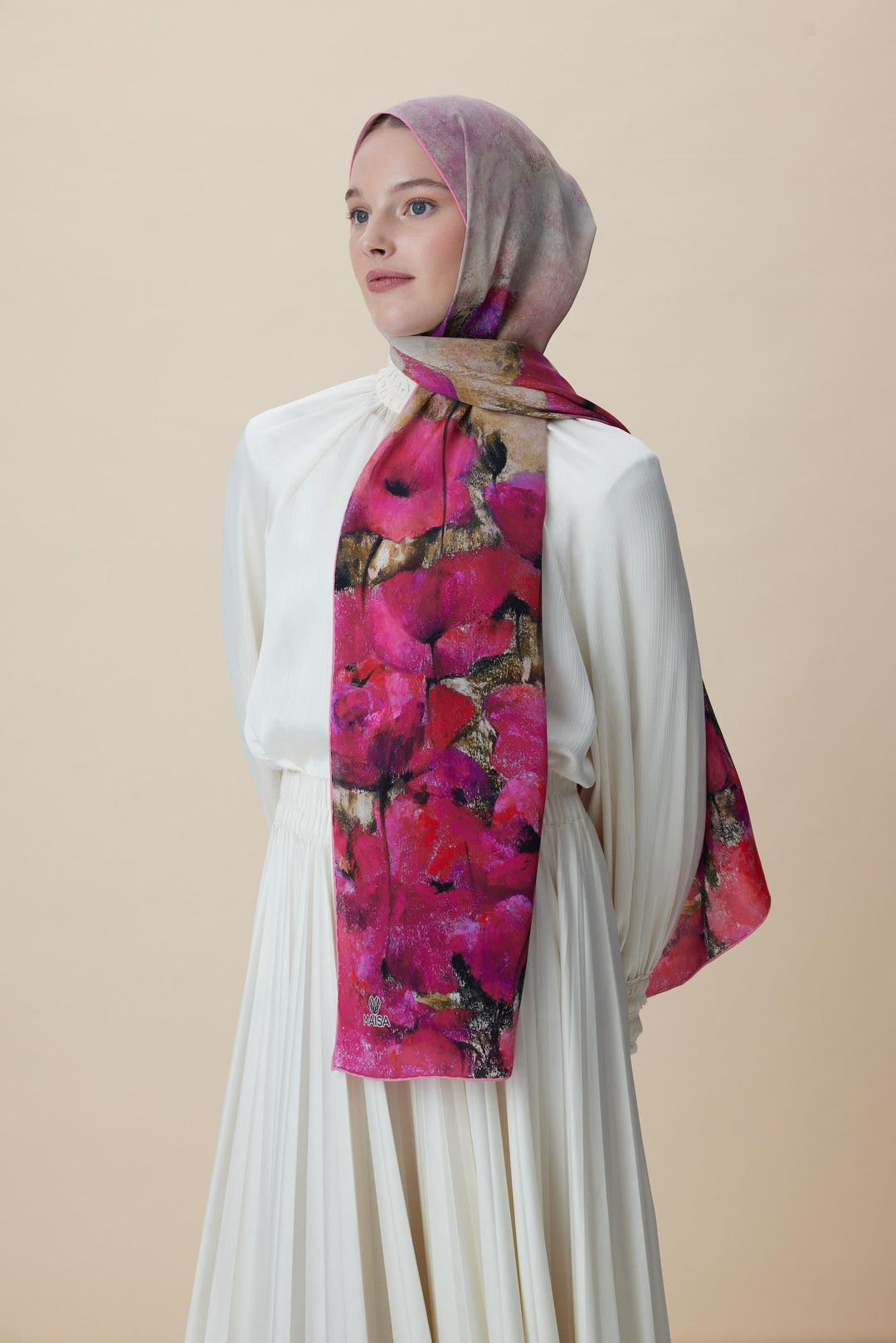 Maisa GELİNCİK KREP İPEK ŞAL 70*190 CM - FUŞYA