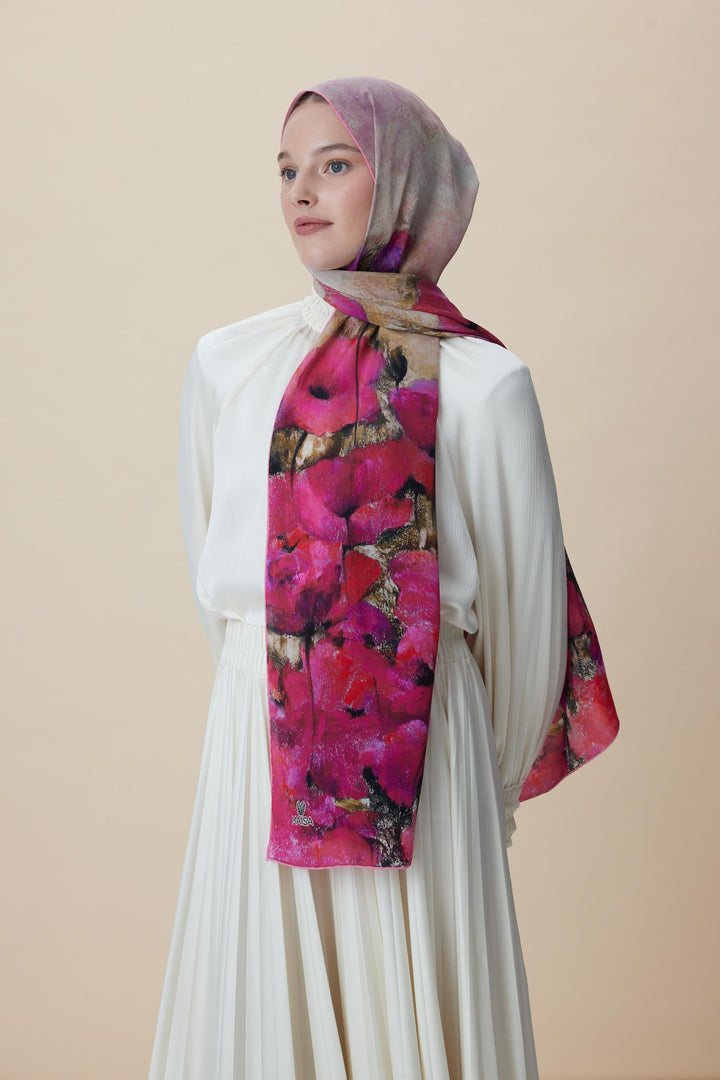 Maisa GELİNCİK KREP İPEK ŞAL 70*190 CM - FUŞYA