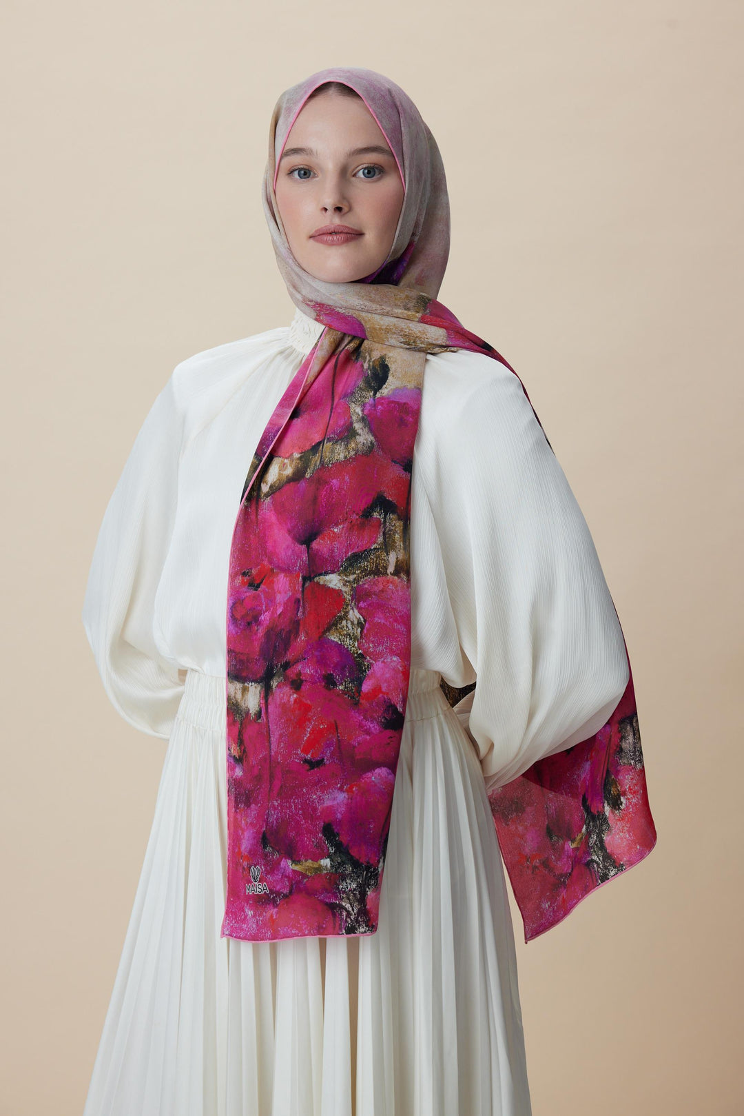 Maisa GELİNCİK KREP İPEK ŞAL 70*190 CM - FUŞYA