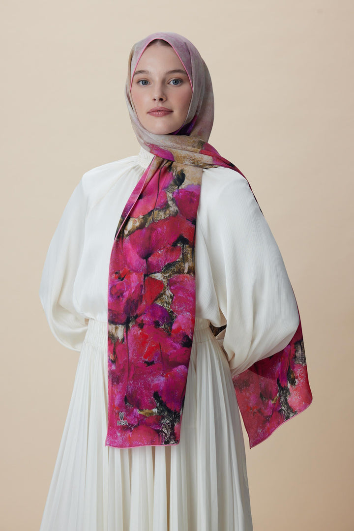 Maisa GELİNCİK KREP İPEK ŞAL 70*190 CM - FUŞYA