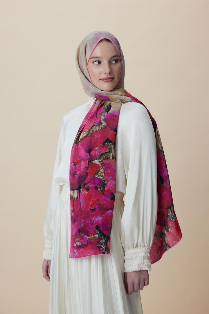 Maisa GELİNCİK KREP İPEK ŞAL 70*190 CM - FUŞYA