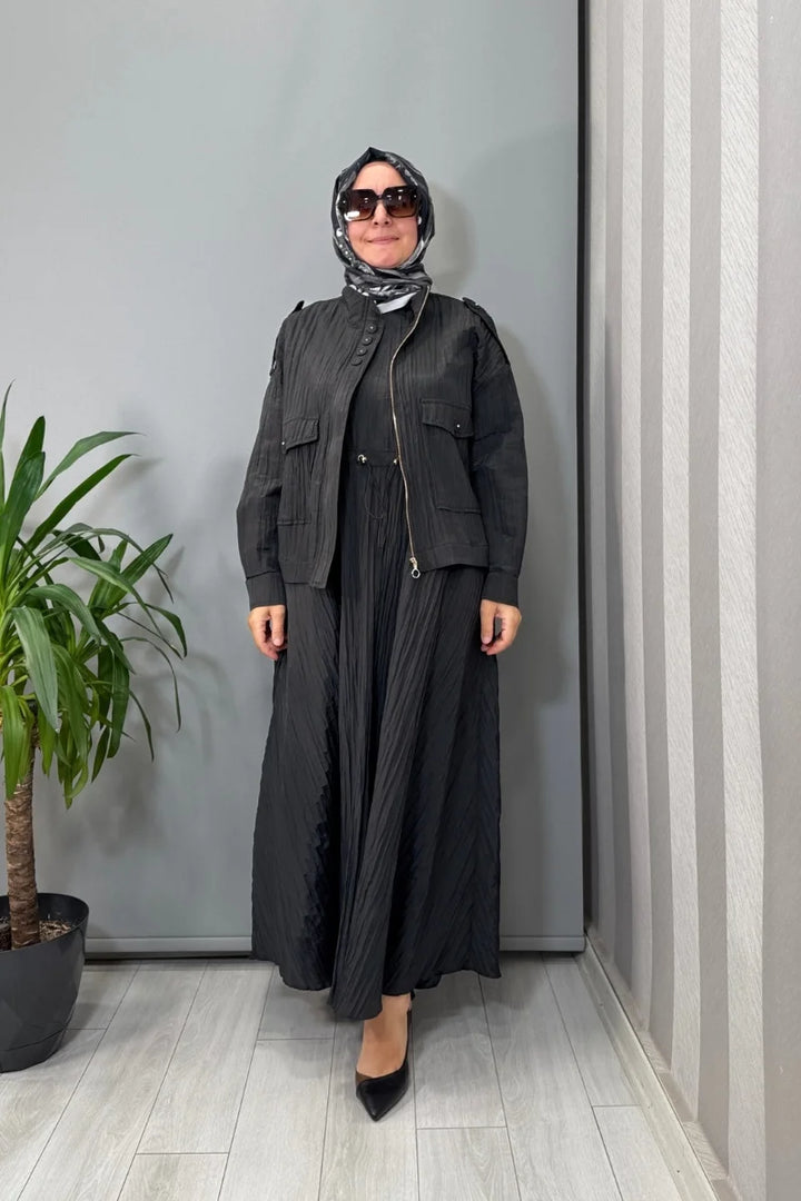Ghisa Ceketli Beli Büzgülü Elbise Siyah 26KGSTKM 3196