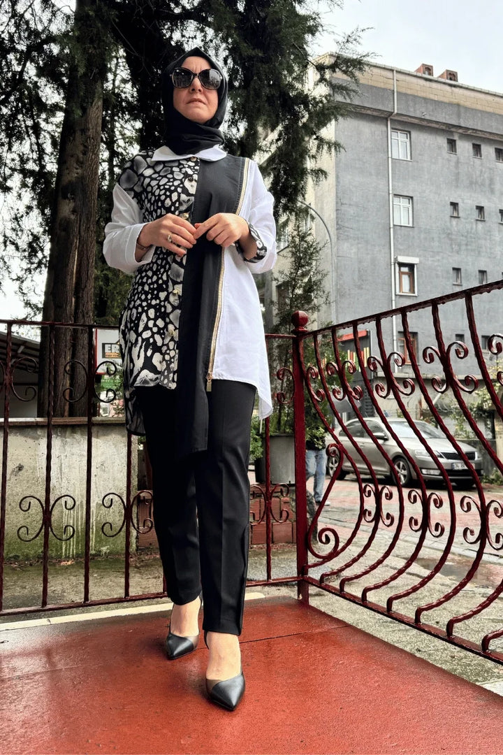 Ghisa Fermuar Ve Çıtçıt Detaylı Gömlek Siyah-Beyaz 5KGSTNK 4799