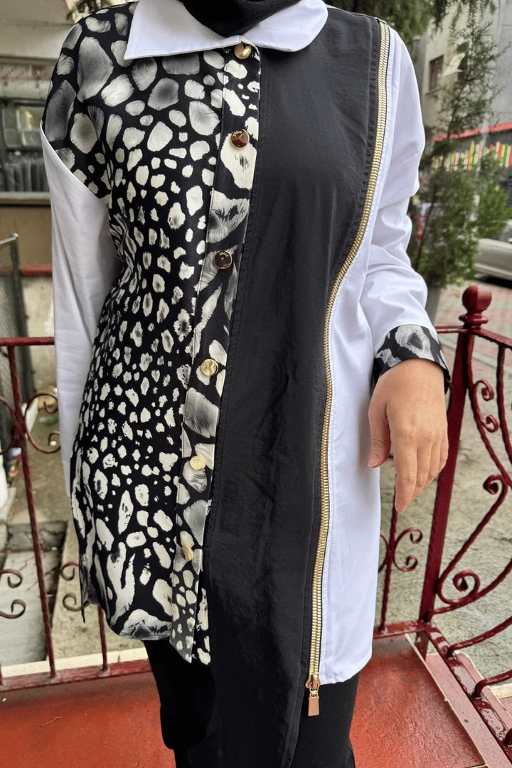 Ghisa Fermuar Ve Çıtçıt Detaylı Gömlek Siyah-Beyaz 5KGSTNK 4799