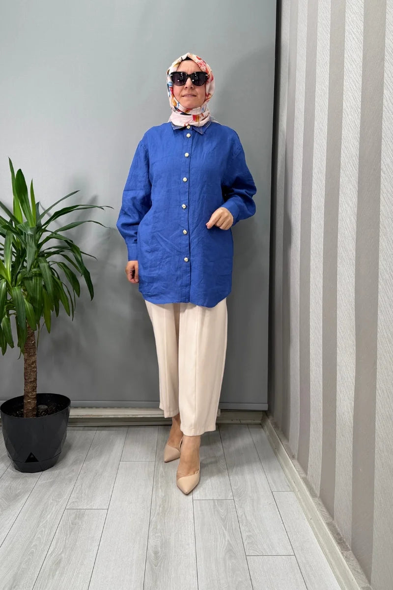 Ghisa Keten Gömlek Saks 25YGSTNK 4056 - Saks - Görsel 1 #renk_saks