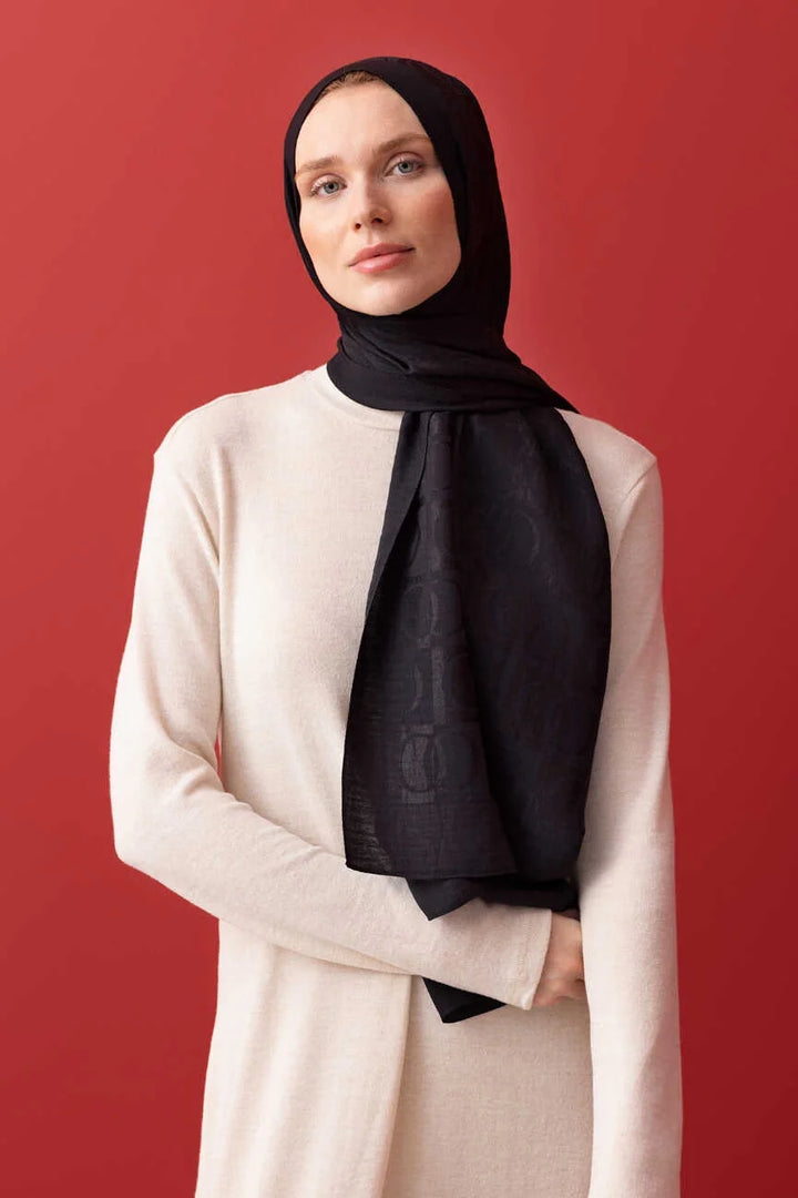 İmannoor Dama Desen Siyah Naia Pamuk Şal 70x 200