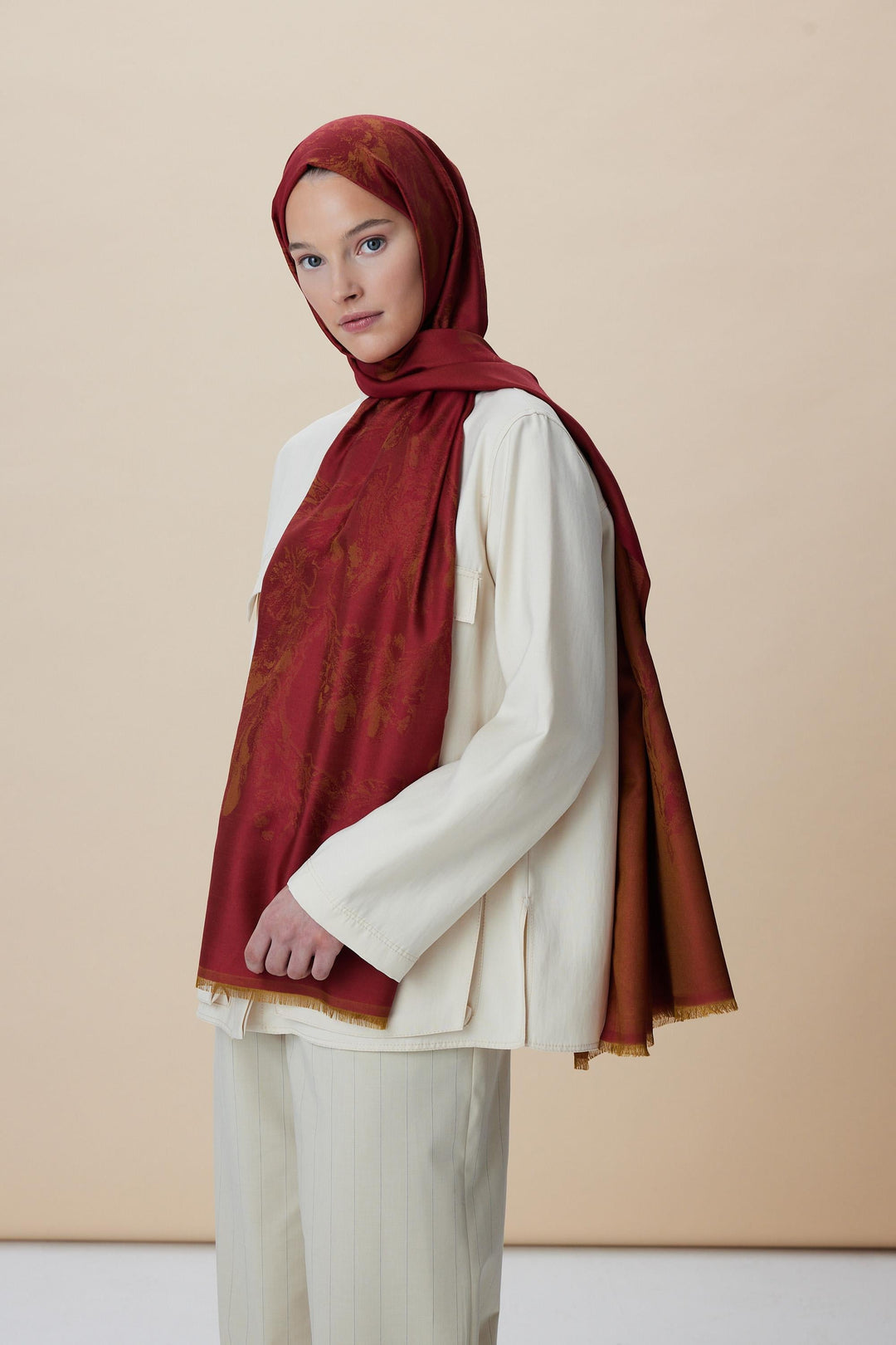 Maisa JADE JAKARLI MODAL İPEK ŞAL 70*200 CM - KIRMIZI