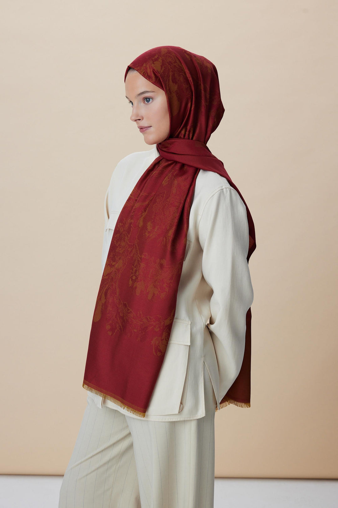Maisa JADE JAKARLI MODAL İPEK ŞAL 70*200 CM - KIRMIZI