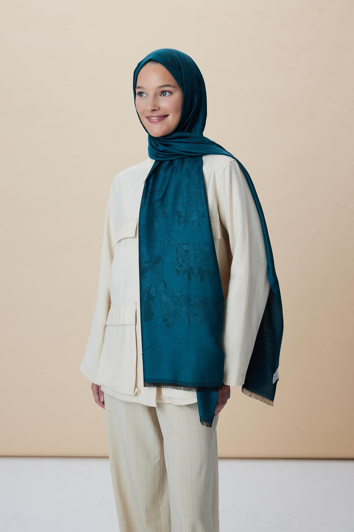 Maisa JADE JAKARLI MODAL İPEK ŞAL 70*200 CM - PETROL MAVİ