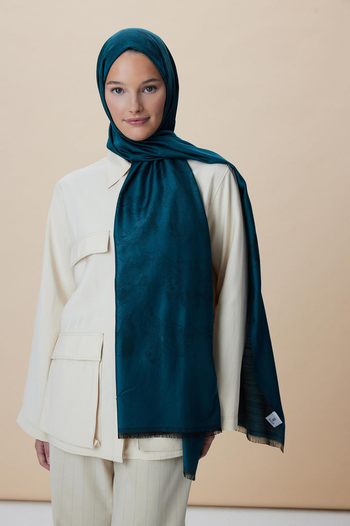 Maisa JADE JAKARLI MODAL İPEK ŞAL 70*200 CM - PETROL MAVİ