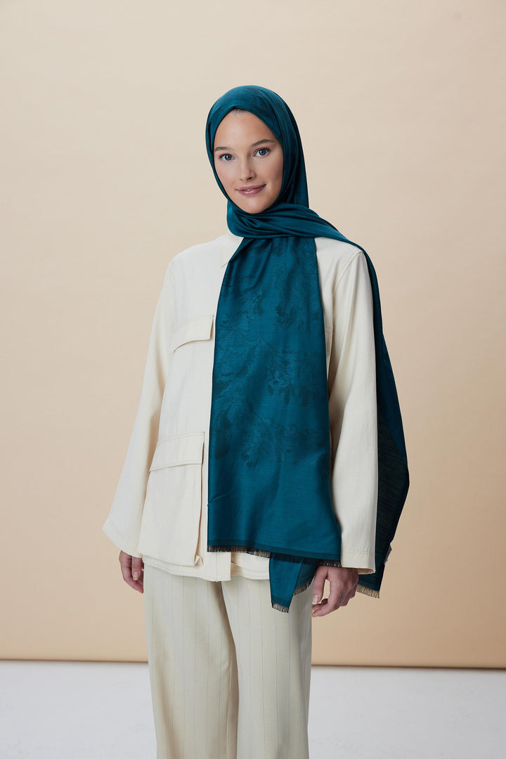 Maisa JADE JAKARLI MODAL İPEK ŞAL 70*200 CM - PETROL MAVİ