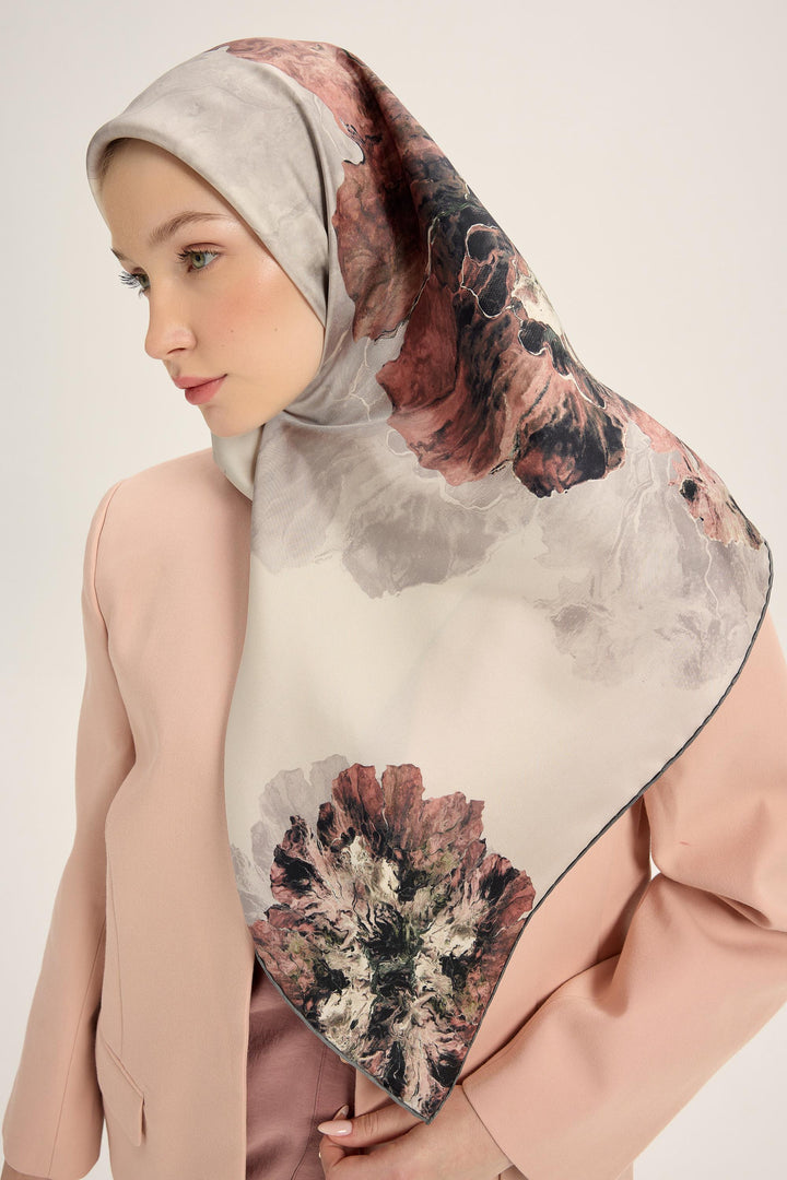 KATRE TİVİL İPEK EŞARP 90*90 CM - GRİ - Görsel 3