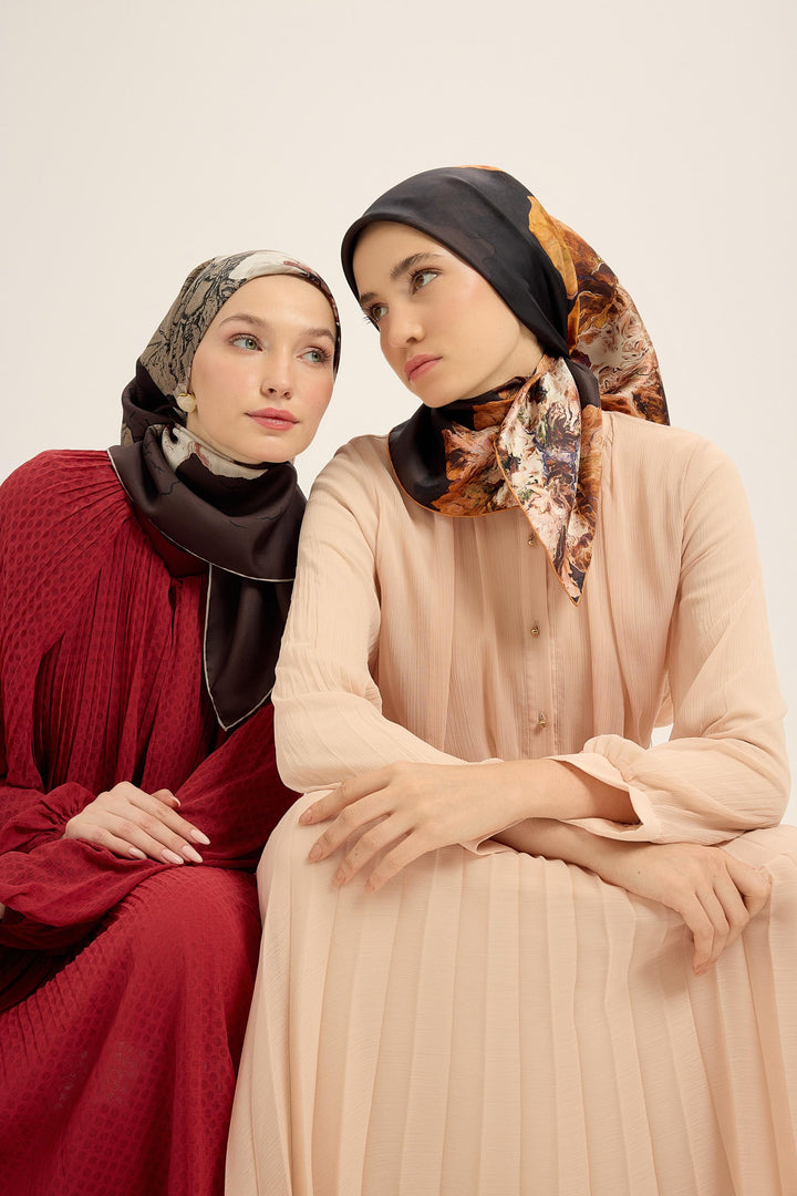 KATRE TİVİL İPEK EŞARP 90*90 CM - KAHVERENGİ - Görsel 6