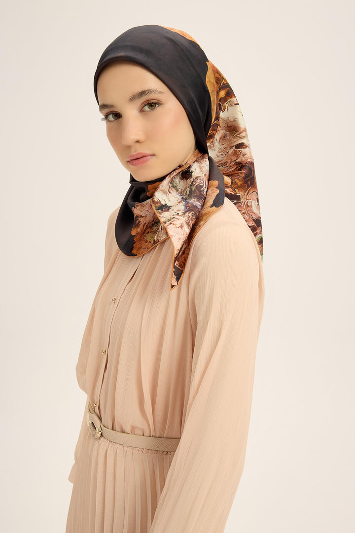 KATRE TİVİL İPEK EŞARP 90*90 CM - KAHVERENGİ - Görsel 3