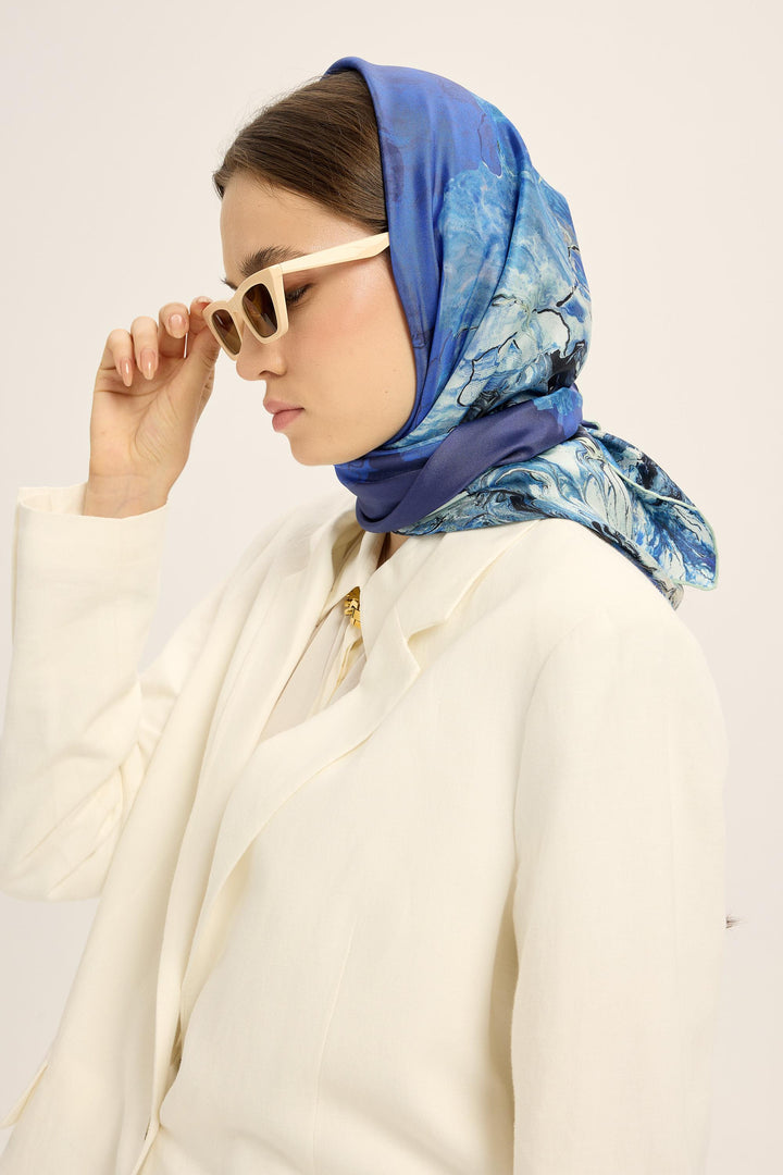 KATRE TİVİL İPEK EŞARP 90*90 CM - SAKS - Görsel 5