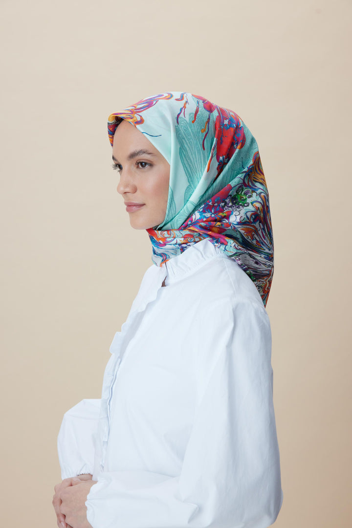 KORAL MULBERRY İPEK EŞARP 90*90 CM - TURKUAZ - Görsel 3
