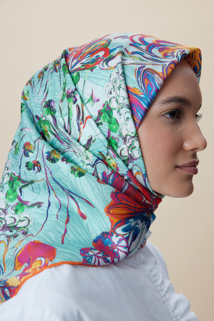 KORAL MULBERRY İPEK EŞARP 90*90 CM - TURKUAZ - Görsel 1
