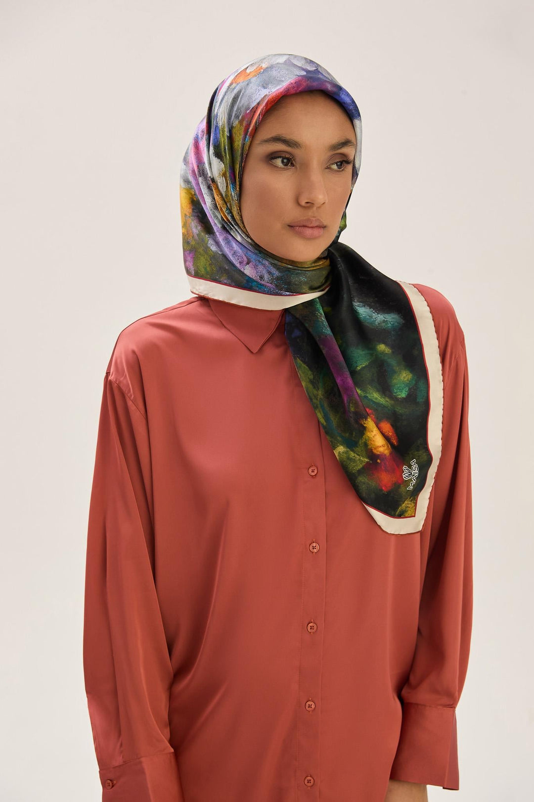 Maisa LADEN SURA İPEK EŞARP 90*90 CM - KAHVERENGİ