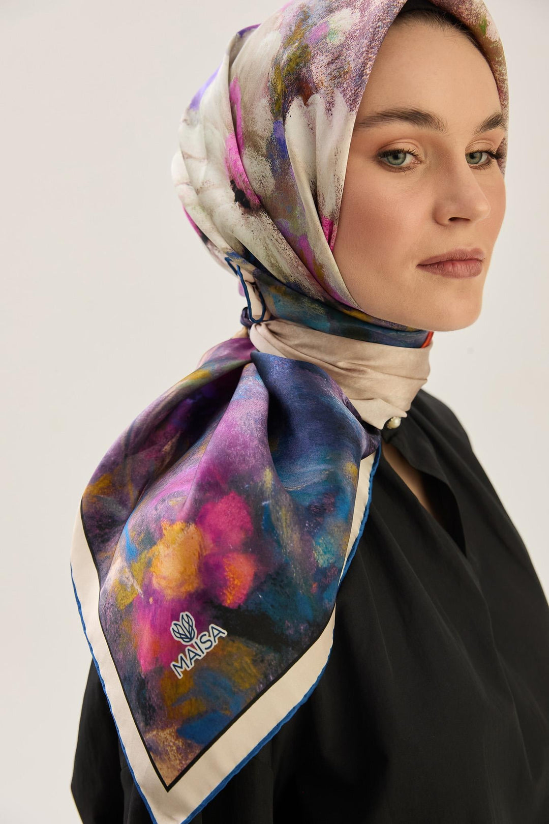Maisa LADEN SURA İPEK EŞARP 90*90 CM - LACİVERT