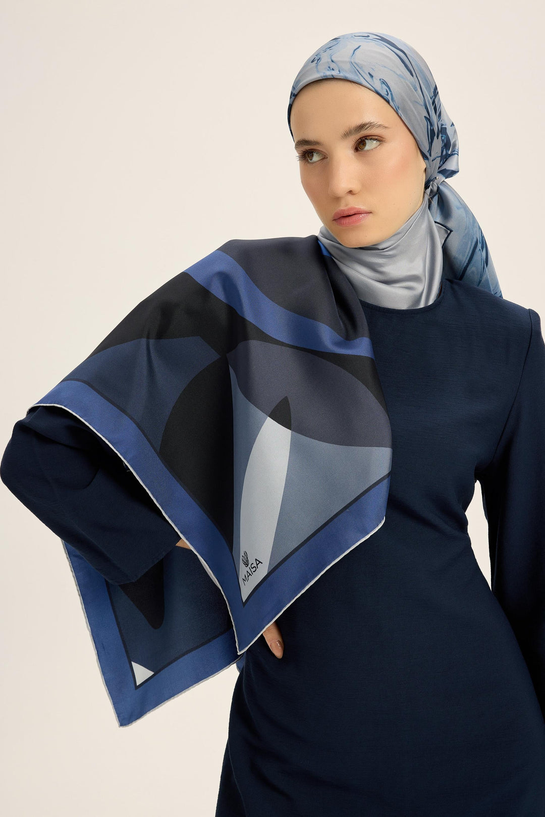 Maisa LALE TİVİL İPEK EŞARP 90*90 CM - KOYU MAVİ