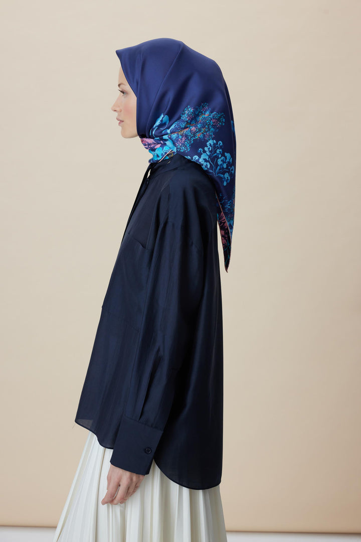 LARİN TİVİL İPEK EŞARP 90*90 CM - LACİVERT - Görsel 5