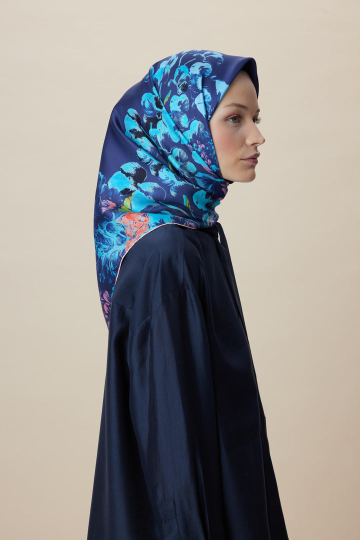 LARİN TİVİL İPEK EŞARP 90*90 CM - LACİVERT - Görsel 6