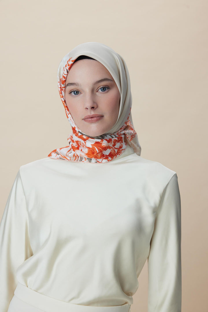 LARİN TİVİL İPEK EŞARP 90*90 CM - MERCAN - Görsel 1