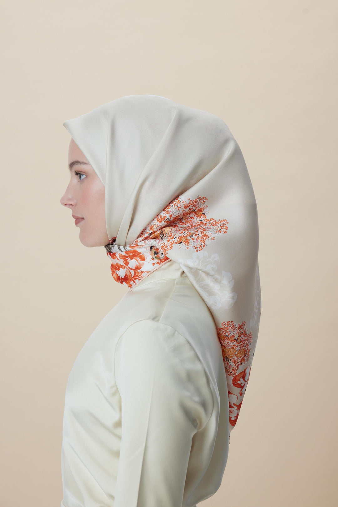LARİN TİVİL İPEK EŞARP 90*90 CM - MERCAN - Görsel 3