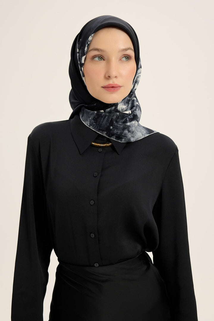 YONCA MULBERRY İPEK EŞARP 90*90 CM - SİYAH - Görsel 1