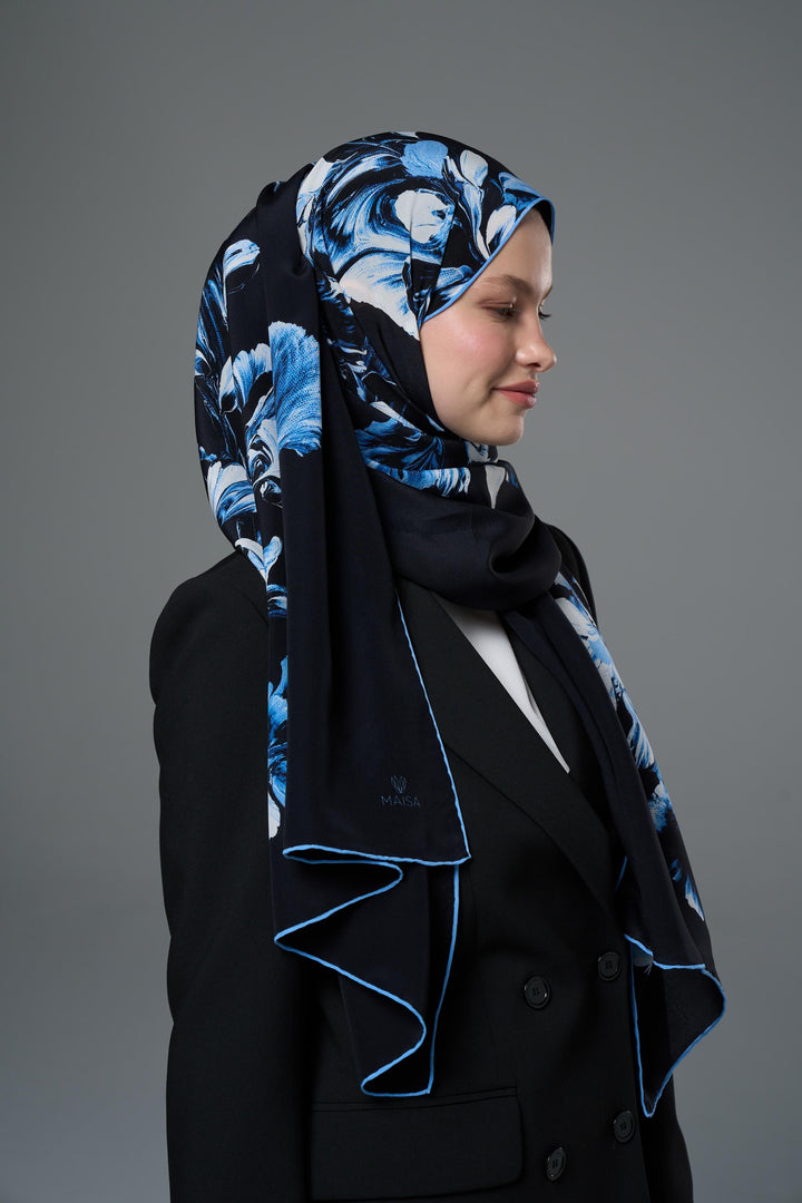RİŞE KREP İPEK ŞAL 70*190 – LACİVERT - Görsel 2