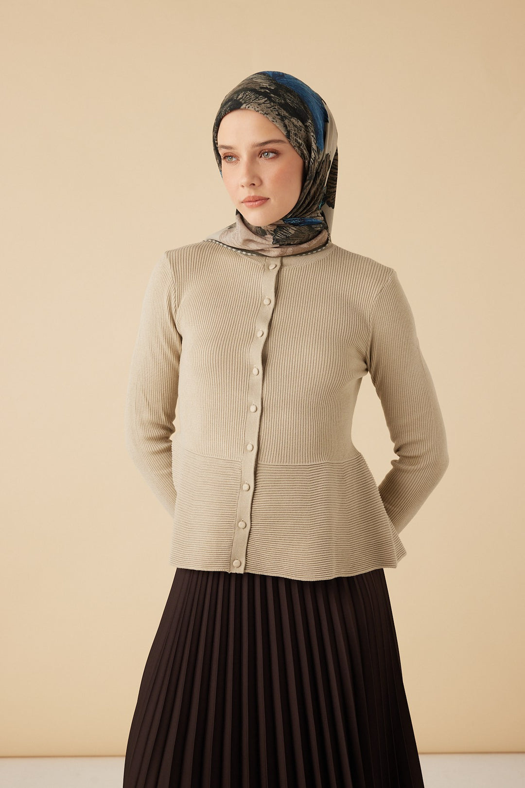 GİNKO YÜN ÜÇGEN ŞAL 140*140/2 CM - BEJ MAVİ - Görsel 1