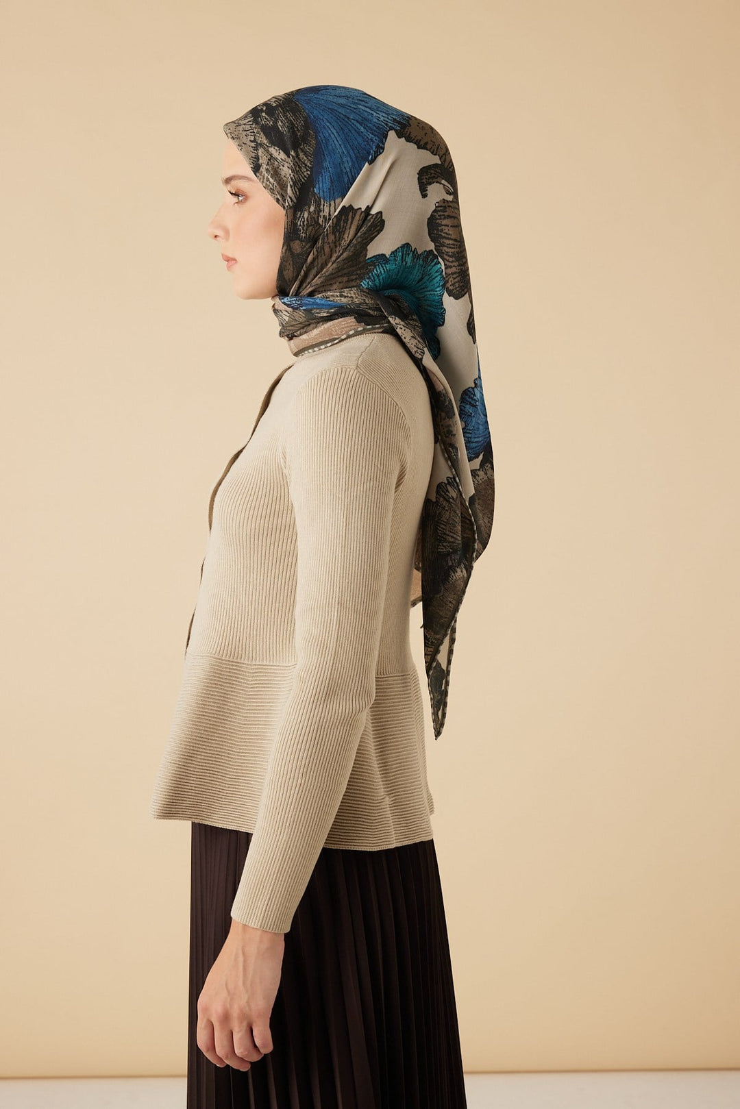 GİNKO YÜN ÜÇGEN ŞAL 140*140/2 CM - BEJ MAVİ - Görsel 3
