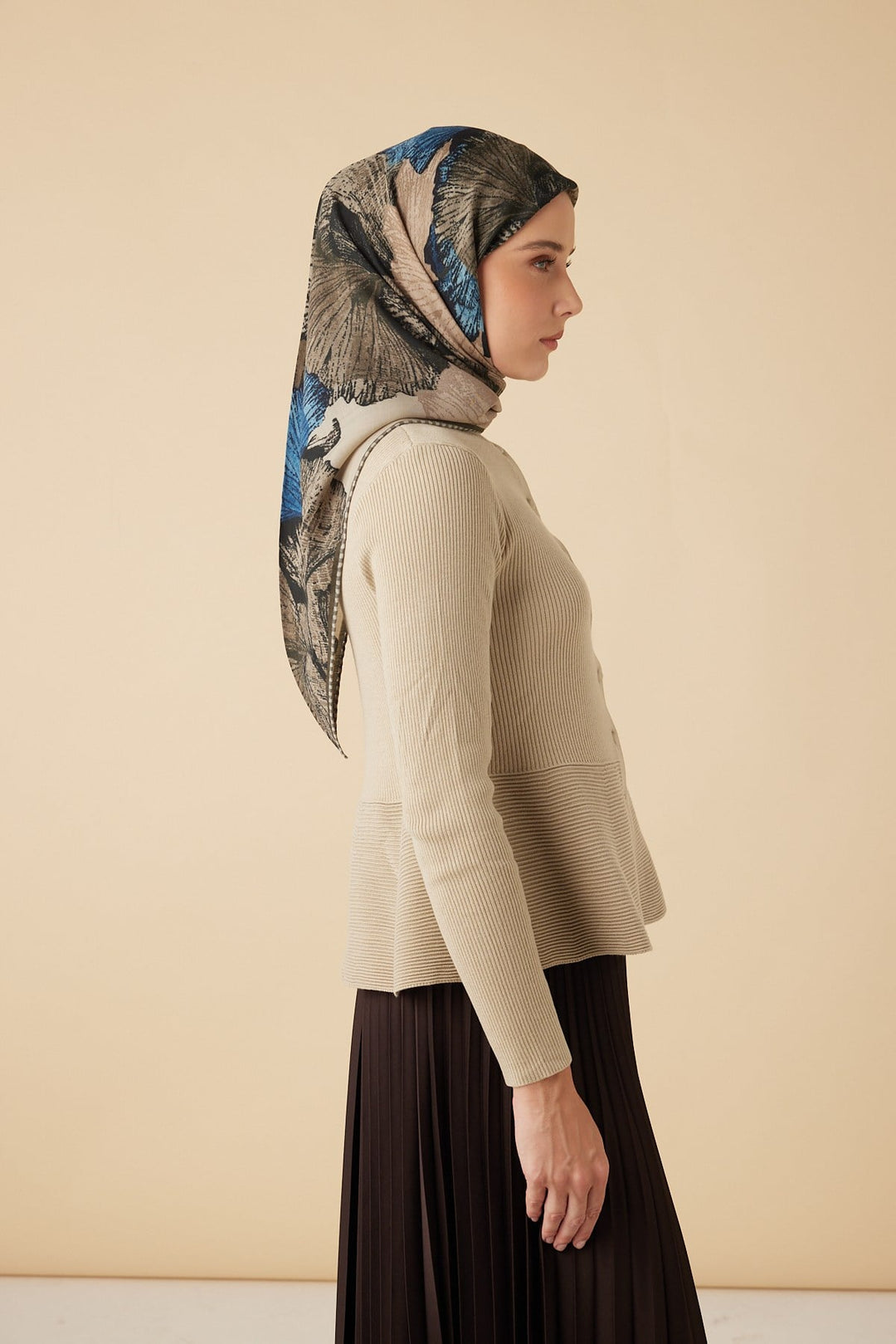 GİNKO YÜN ÜÇGEN ŞAL 140*140/2 CM - BEJ MAVİ - Görsel 4