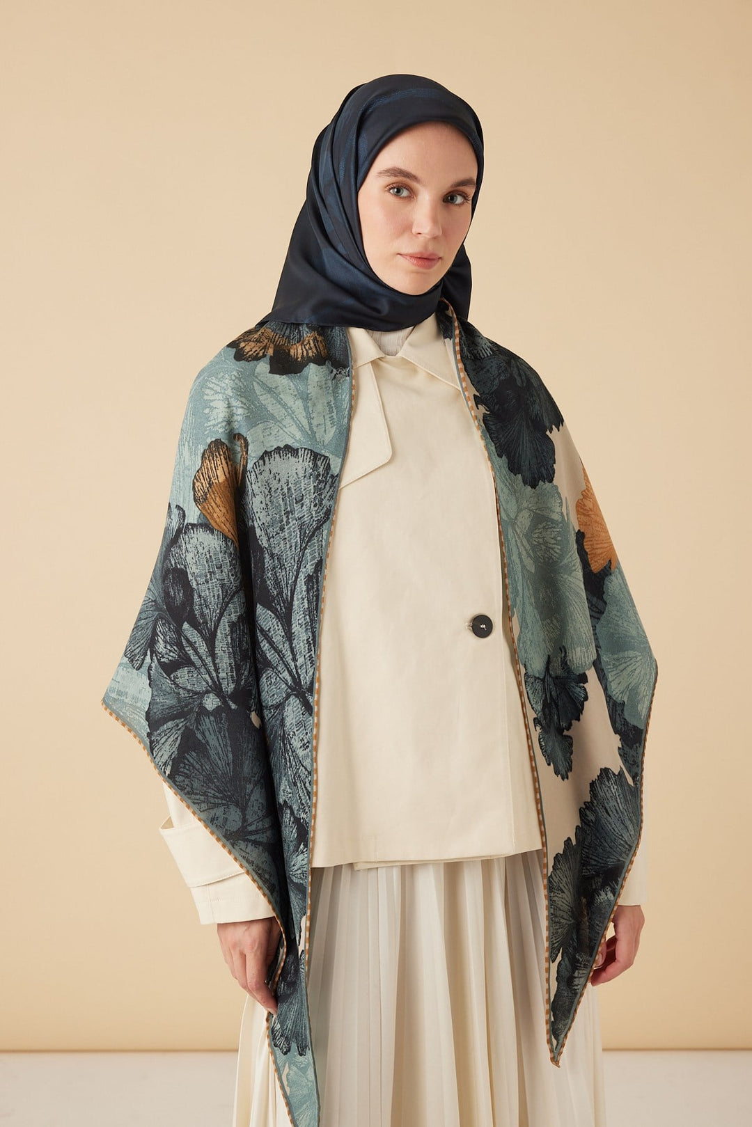 GİNKO YÜN ÜÇGEN ŞAL 140*140/2 CM - BUZ MAVİ - Görsel 1