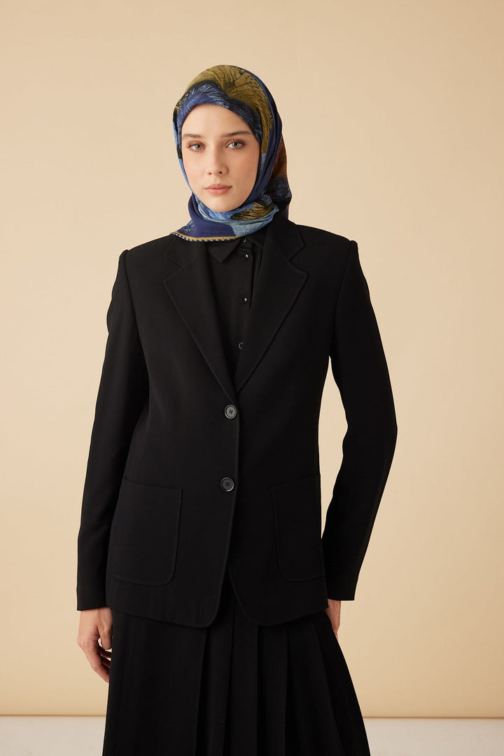 GİNKO YÜN ÜÇGEN ŞAL 140*140/2 CM - SARI LACİVERT - Görsel 1