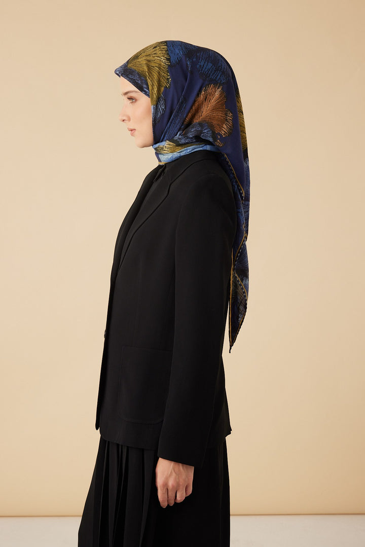 GİNKO YÜN ÜÇGEN ŞAL 140*140/2 CM - SARI LACİVERT - Görsel 3