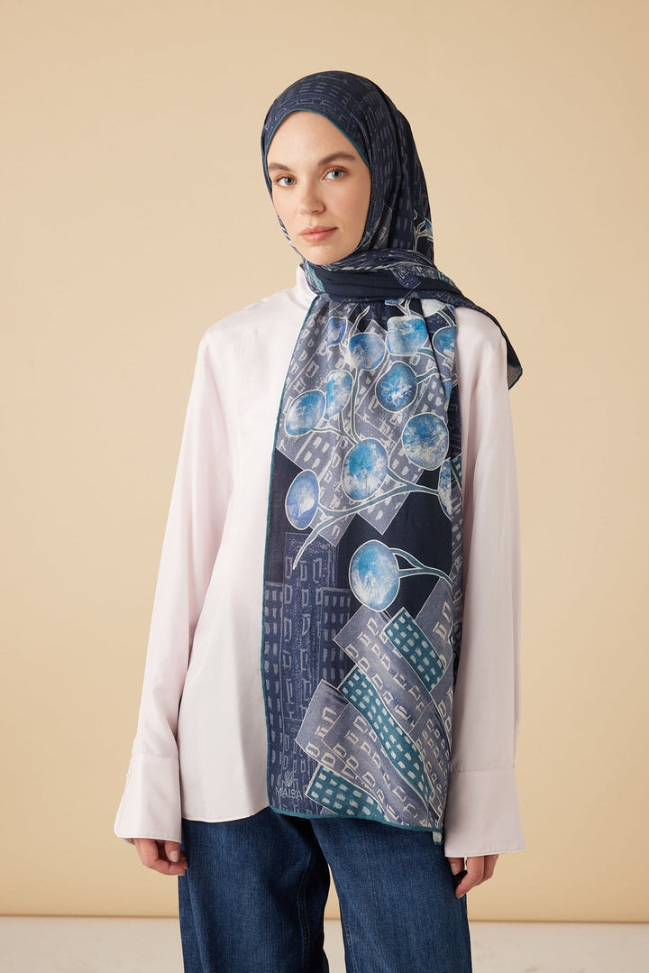 HAYAT YÜN İPEK KAŞMİR ŞAL 70*200 CM - MAVİ - Görsel 1